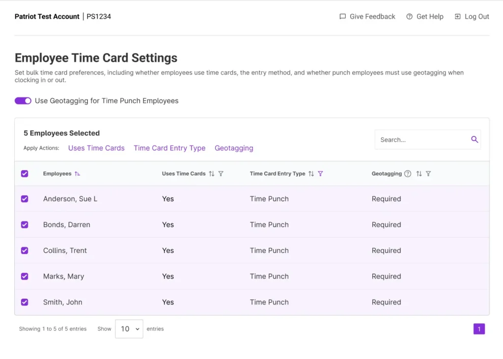employee time card settings in Patriot